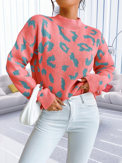 Sixsr Graphic Pattern Mock Neck Pullover Sweater, Casual Long Sleeve Sweater, Women's Clothing