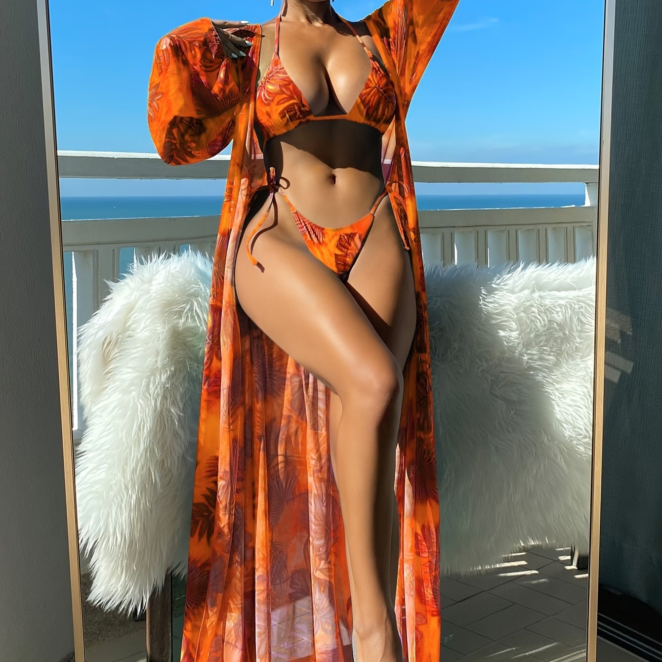 Sixsr  Tropical Leaf Print Stretchy 3 Piece Set Bikini With Long Sleeve Kimono, Halter Stretchy Tie Strap Swimsuits, Women's Swimwear & Clothing