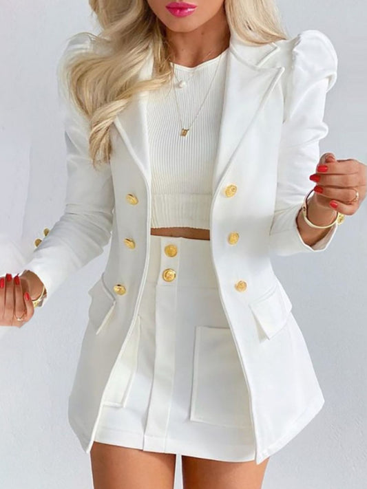 Sixsr Blazers Two-piece Set, Casual Fashion Solid Loose Long Sleeve Blazers & Mini Skirt, Women's Clothing