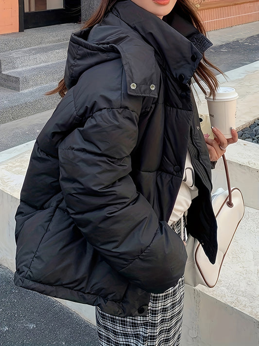 Sixsr Zip Up Hooded Warm Coat, Casual Solid Long Sleeve Winter Outerwear, Women's Clothing