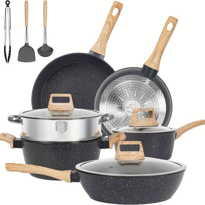 12-Piece Non-Stick Cookware Set - Premium Non-Stick Coating Pans, Complete Cookware Set, Large Frying Pan, Versatile Steamer, Heat-Resistant Silicone Spatula Spoon, Durable Tongs - Granite-Infused Cooking Surface, Comprehensive Kitchen Cookware Set for Ho