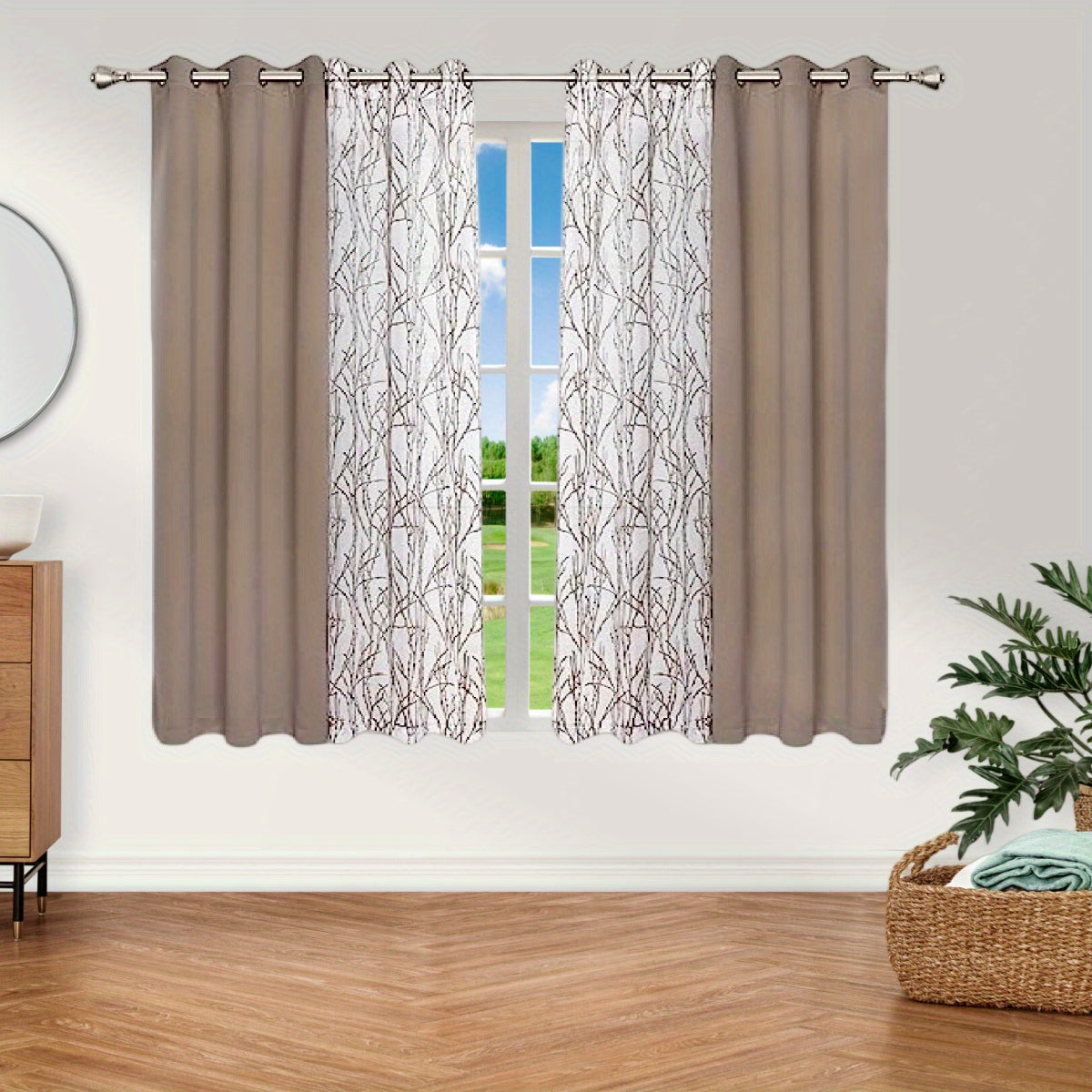 1 Panel Branch Printed Sheer Curtain + 1 Panel Blackout Curtain - Panels for Bedroom, Office, Living Room Home Decor with Grommet Top Window Drapes