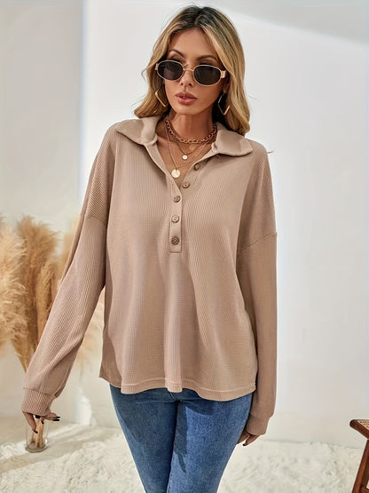 Sixsr Solid Button Front Collared T-Shirt, Casual Long Sleeve Top For Spring & Fall, Women's Clothing