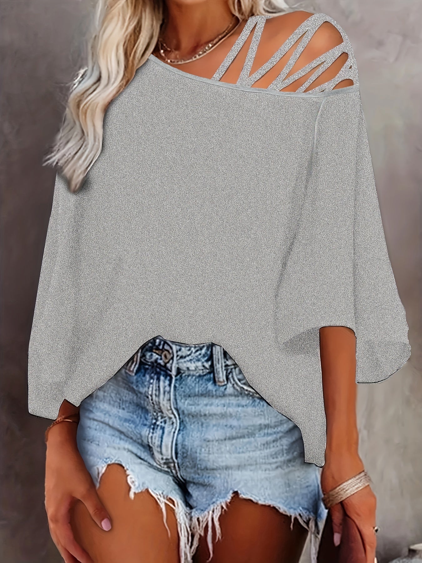 Cold Shoulder Criss Cross T-Shirt, Casual Crew Neck Long Sleeve T-Shirt For Spring & Summer, Women's Clothing