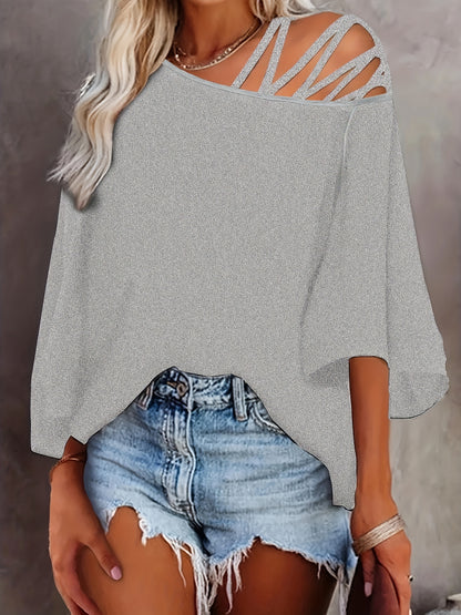 Cold Shoulder Criss Cross T-Shirt, Casual Crew Neck Long Sleeve T-Shirt For Spring & Summer, Women's Clothing