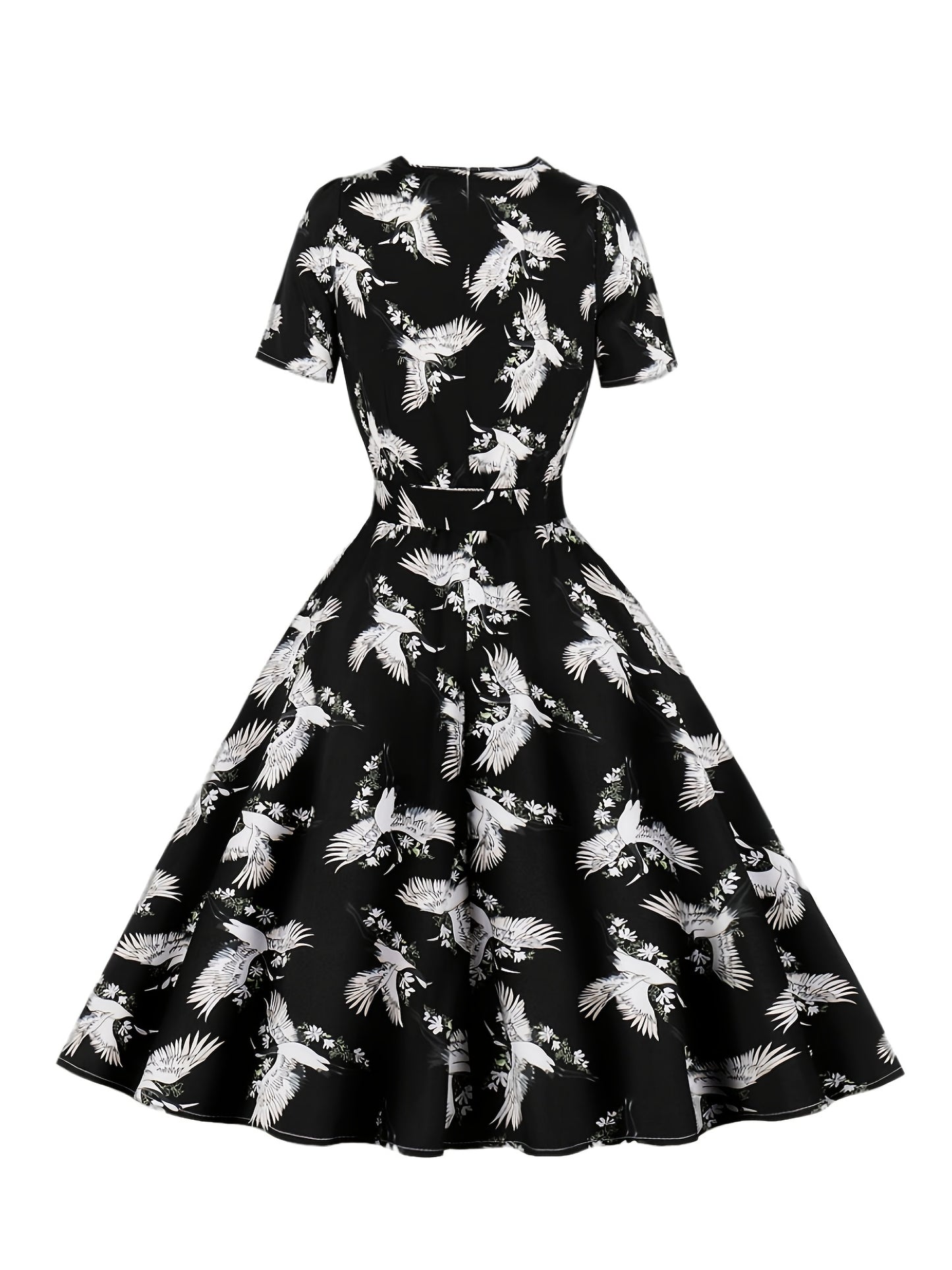 Sixsr Crane Print Tie Front Dress, Elegant Vintage Square Neck Short Sleeve Dress, Women's Clothing