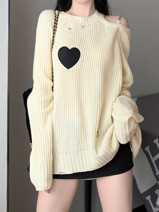 Sixsr Heart Pattern One-shoulder Ripped Sweater, Casual Long Sleeve Sweater For Fall & Winter, Women's Clothing