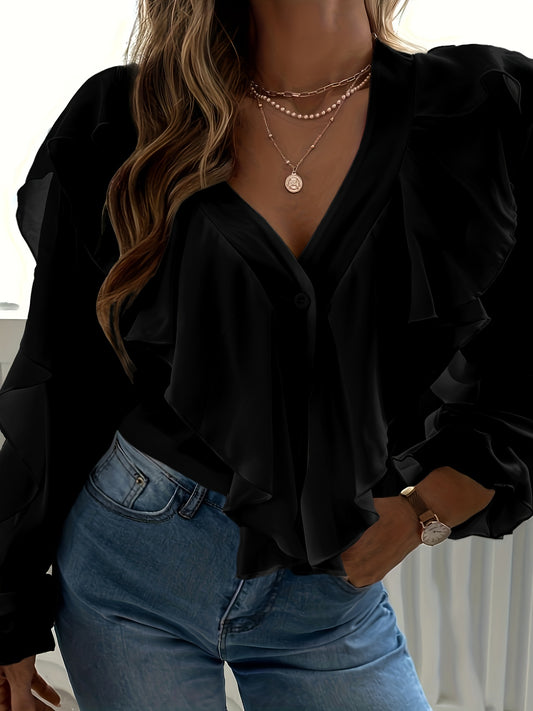 Sixsr Plus Size Elegant Blouse, Women's Plus Solid Button Up Ruffle Trim Lantern Sleeve V Neck Blouse