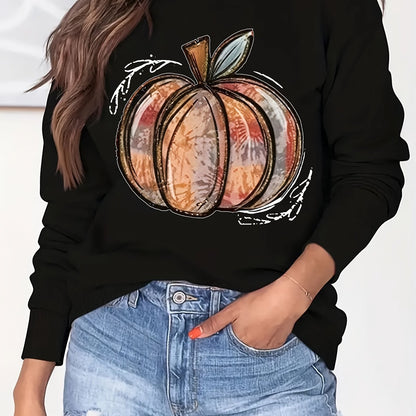 Sixsr Halloween Pumpkin Print Sweatshirt, Casual Long Sleeve Crew Neck Sweatshirt, Women's Clothing