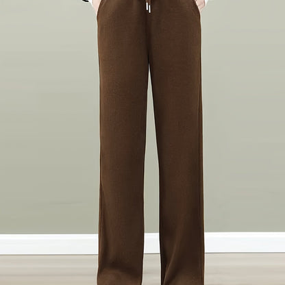 Sixsr Solid Straight Leg Pants, Casual Drawstring Waist Pocket Pants For Fall & Winter, Women's Clothing