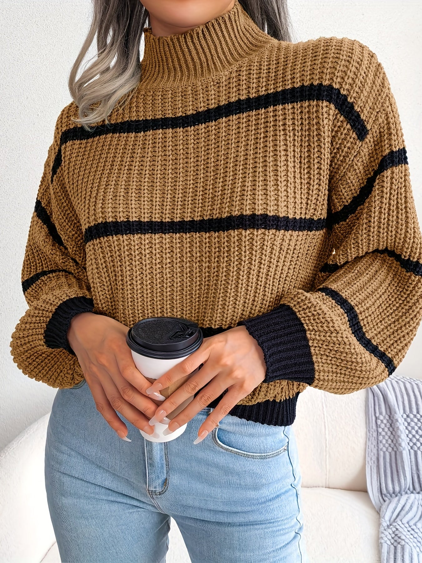 Sixsr Striped Color Block Crew Neck Sweater, Casual Long Sleeve Loose Fall Winter Knit Sweater, Women's Clothing