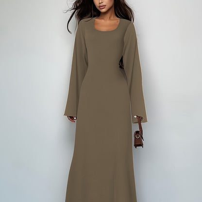 Sixsr Solid Tie Back U Neck Dress, Elegant Long Sleeve Maxi Dress, Women's Clothing