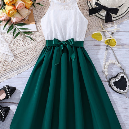 Elegant Girls Splicing Halter Neck Sleeveless Dress With Bow Belt Summer Party Gift