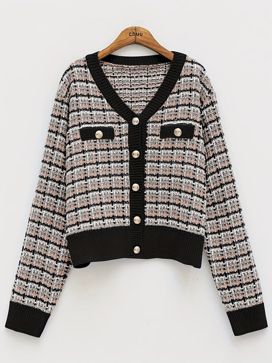 Sixsr Plaid Pattern V Neck Button Up Cardigan, Casual Long Sleeve Fake Pockets Cardigan For Spring & Fall, Women's Clothing