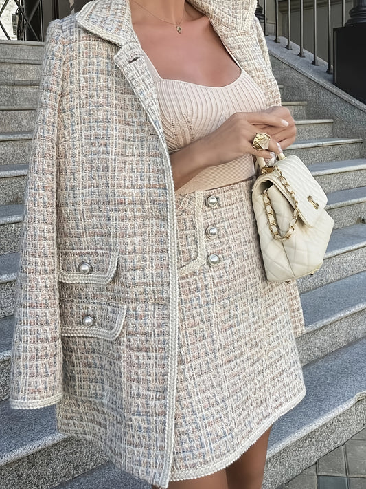 Sixsr Plus Size Elegant Outfits Set, Women's Plus Houndstooth Pattern Long Sleeve Button Up Flap Detail Lapel Collar Tweed Blazer & Mini Skirt Outfits Two Piece Set