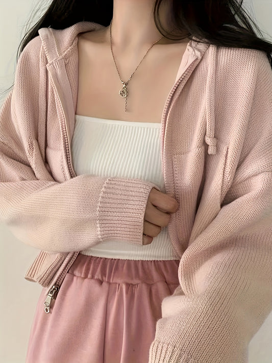 Sixsr Drop Shoulder Knit Cardigan, Elegant Zip Up Long Sleeve Hooded Sweater, Women's Clothing