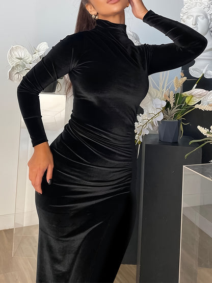 Sixsr Velvet Mock Neck Dress, Elegant Long Sleeve Ruched Bodycon Dress, Women's Clothing