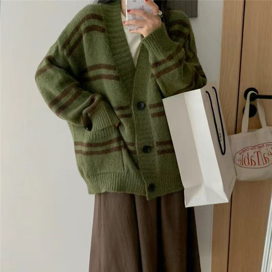 Sixsr Striped Drop Shoulder Knitted Hoodie, Casual Crew Neck Long Sleeve Pullover Hoodie, Women's Clothing