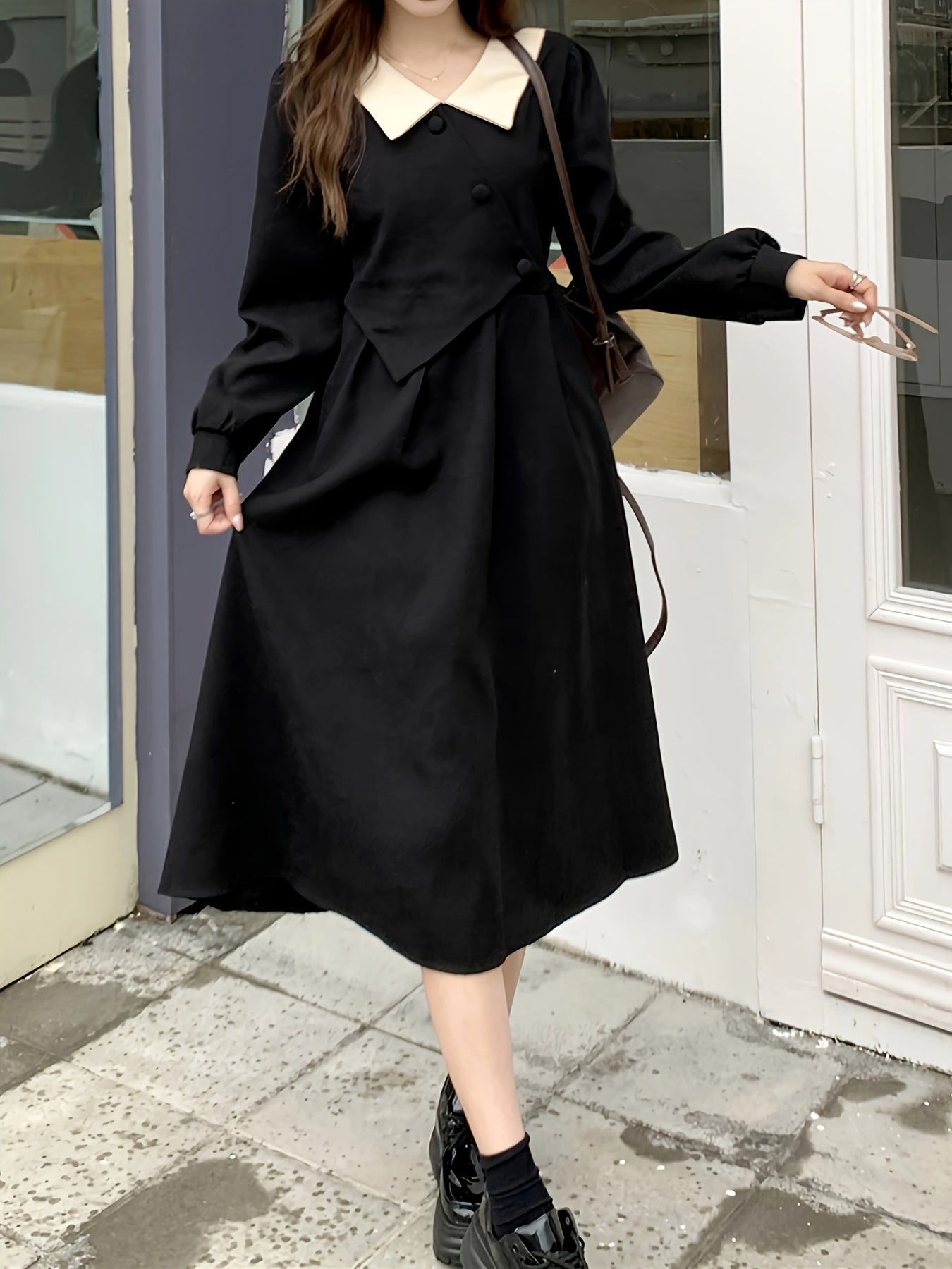 Sixsr Contrast Trim Button Decor Dress, Elegant Long Sleeve Dress For Spring & Fall, Women's Clothing