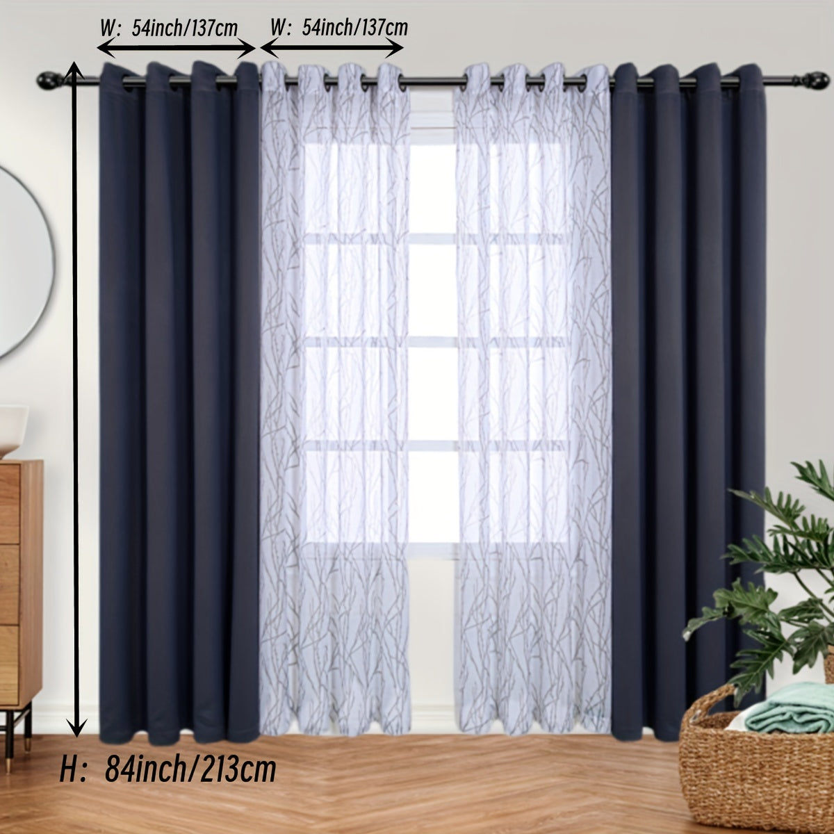 1 Panel Branch Printed Sheer Curtain + 1 Panel Blackout Curtain - Panels for Bedroom, Office, Living Room Home Decor with Grommet Top Window Drapes