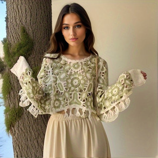 Sixsr Floral Hollow Out Tassel Shawl Elegant Long-sleeved Pullover Shawl Casual Daily Travel Versatile Coat