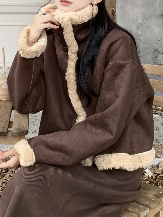 Sixsr Fuzzy Trim Stand Collar Coat, Casual Button Front Long Sleeve Warm Outerwear, Women's Clothing