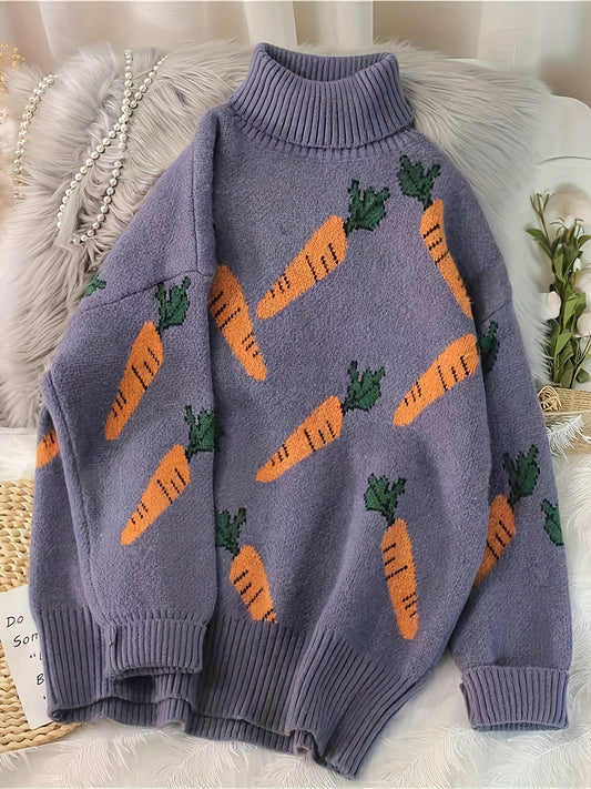 Sixsr Orange Pattern Knitted Pullover Sweater, Casual Turtleneck Long Sleeve Sweater, Women's Clothing