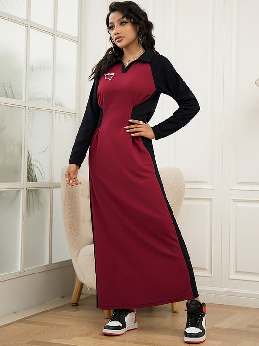 Sixsr Color Block Twist Dress, Casual Turn Down Collar Long Sleeve Bodycon Maxi Dress, Women's Clothing