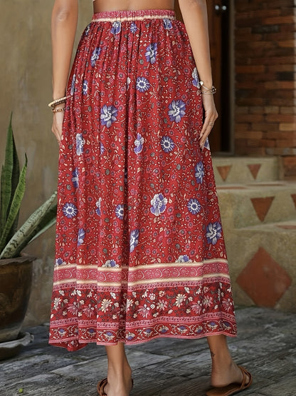Sixsr Floral Print Drawstring Waist Skirt, Boho Skirt For Spring & Summer, Women's Clothing
