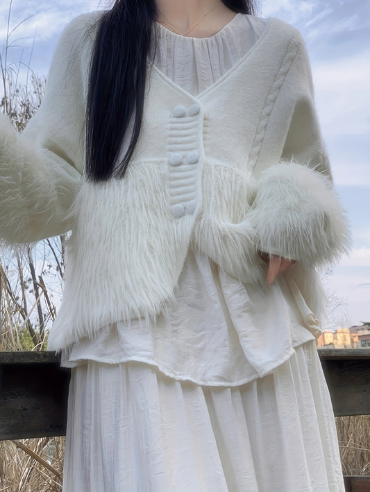 Sixsr Faux Fur Decor Button Front Cardigan, Long Sleeve Cardigan For Fall & Winter, Women's Clothing