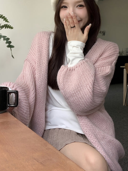 Sixsr Solid Open Front Knit Cardigan, Casual Lantern Sleeve Loose Slouchy Sweater, Women's Clothing