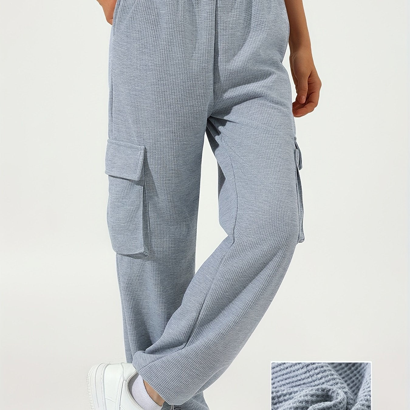 Sixsr Waffle Casual Sports Elastic Waist Sweatpants, Multi-pocket High Waist Solid Color Joggers Pants, Women's Athleisure