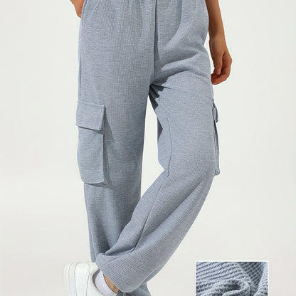 Sixsr Waffle Casual Sports Elastic Waist Sweatpants, Multi-pocket High Waist Solid Color Joggers Pants, Women's Athleisure