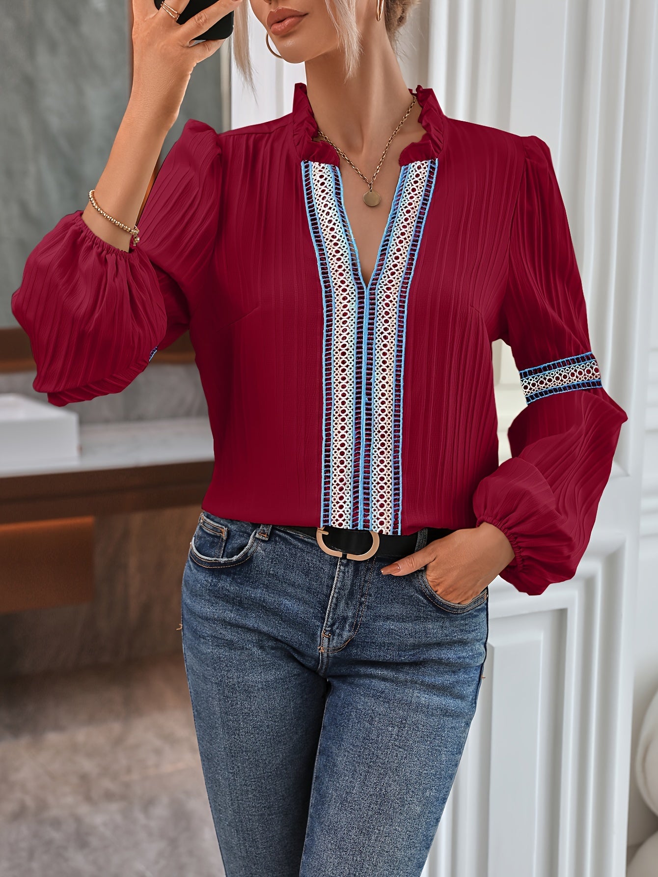 Sixsr Colorful Lace Stitching Blouse, Casual Long Sleeve Blouse For Spring & Fall, Women's Clothing