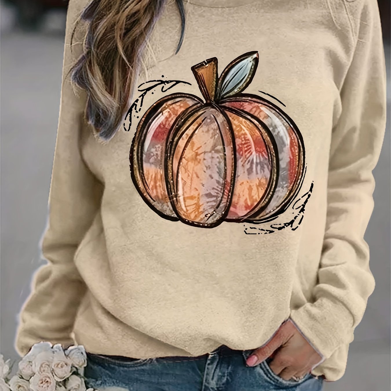 Sixsr Halloween Pumpkin Print Sweatshirt, Casual Long Sleeve Crew Neck Sweatshirt, Women's Clothing