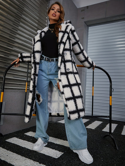 Sixsr Plaid Print Double-breasted Plush Coat, Casual Thermal Long Sleeve Lapel Midi Length Coat For Fall & Winter, Women's Clothing