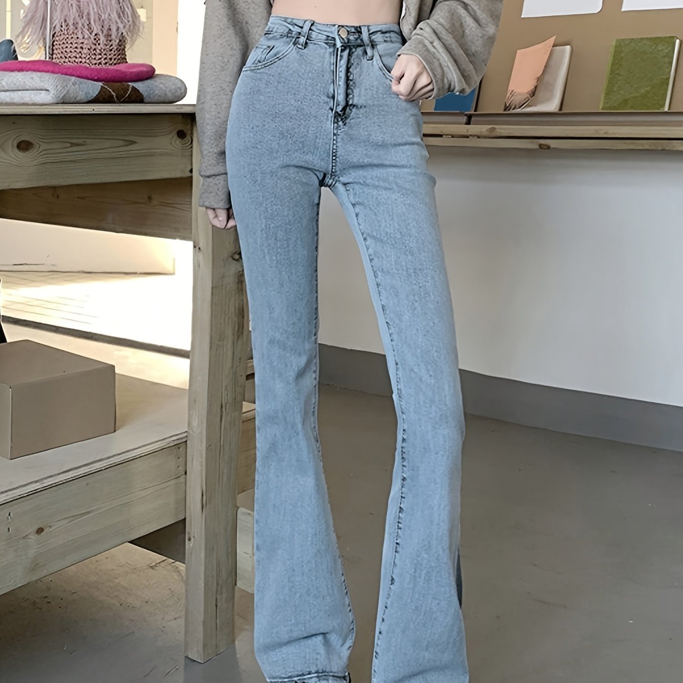 Sixsr High Waist Washed Flare Jeans, Slim Fitted Slant Pocket Stylist Denim Pants, Women's Denim Jeans & Clothing