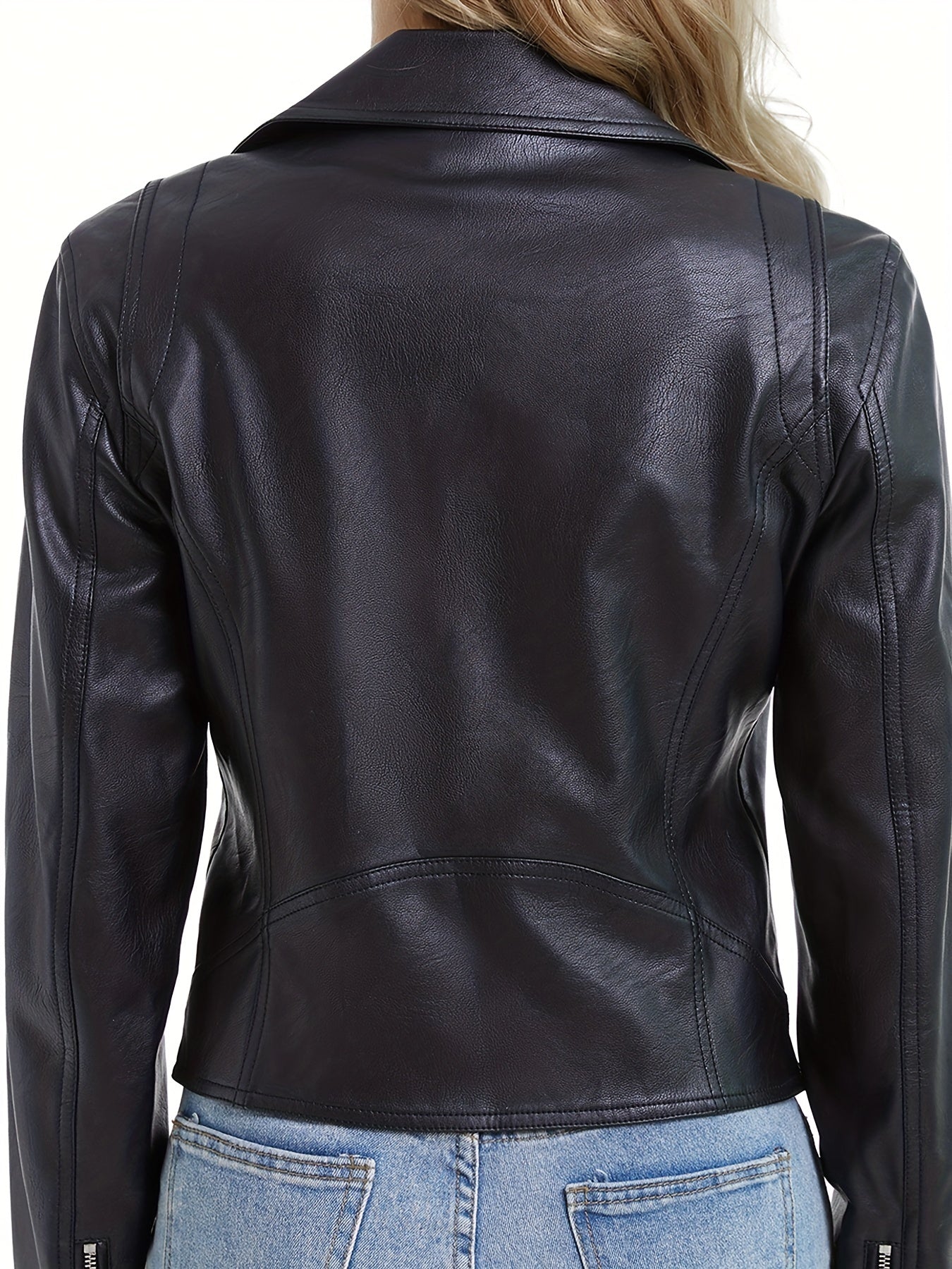 Slant Zipper Lapel Crop Biker Jacket, Vintage Solid Faux Leather Jacket, Women's Clothing