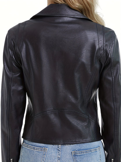 Slant Zipper Lapel Crop Biker Jacket, Vintage Solid Faux Leather Jacket, Women's Clothing