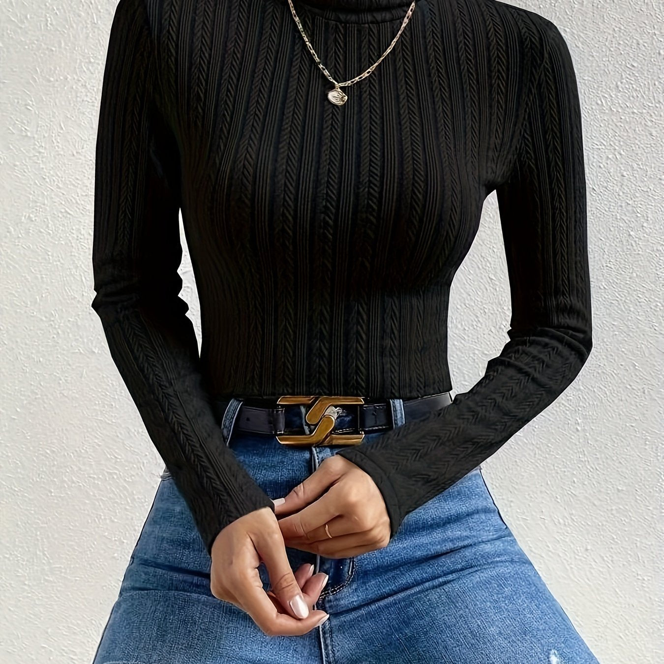 Sixsr Solid Turtleneck Textured T-shirt, Versatile Long Sleeve Slim T-shirt For Fall & Winter, Women's Clothing