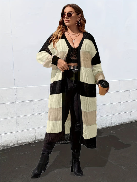 Sixsr Plus Size Colorblock Longline Cardigan, Women's Plus Slight Stretch Casual Sweater Cardigan