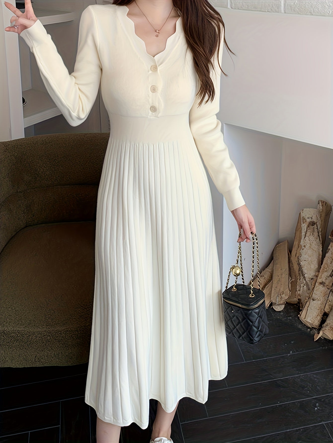 Sixsr Button Front V-neck Sweater Dress, Solid Long Sleeve Dress, Women's Clothing