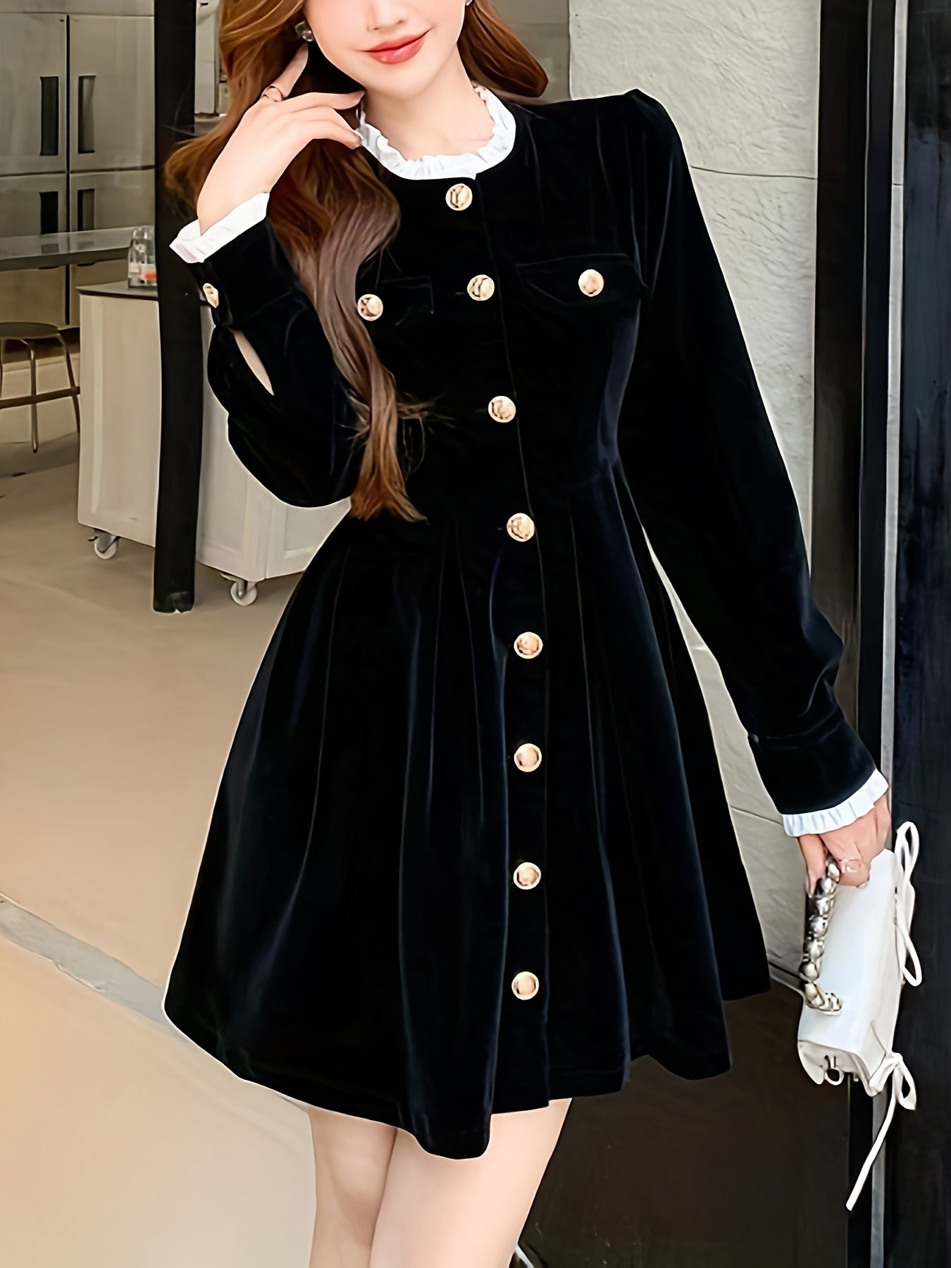 Sixsr Solid Button Front Waist Velvet Dress, Elegant Long Sleeve Frill Trim Dress, Women's Clothing