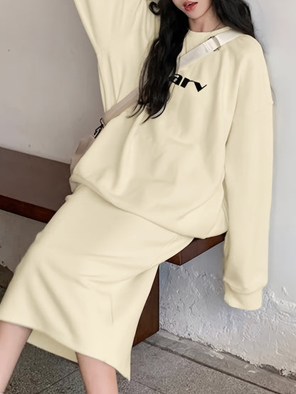 Sixsr Casual Two-piece Set, Letter Print Long Sleeve Sweatshirt & Skirt Outfits, Women's Clothing