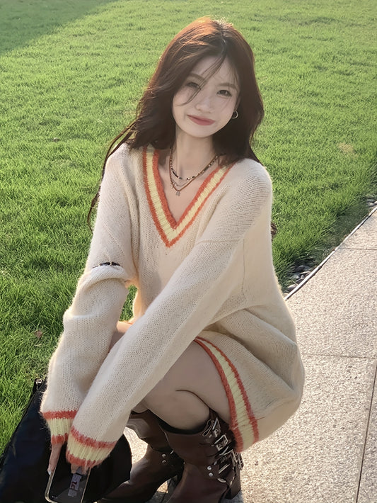 Sixsr Contrast Trim V Neck Pullover Sweater, Casual Long Sleeve Mid Length Cozy Sweater, Women's Clothing