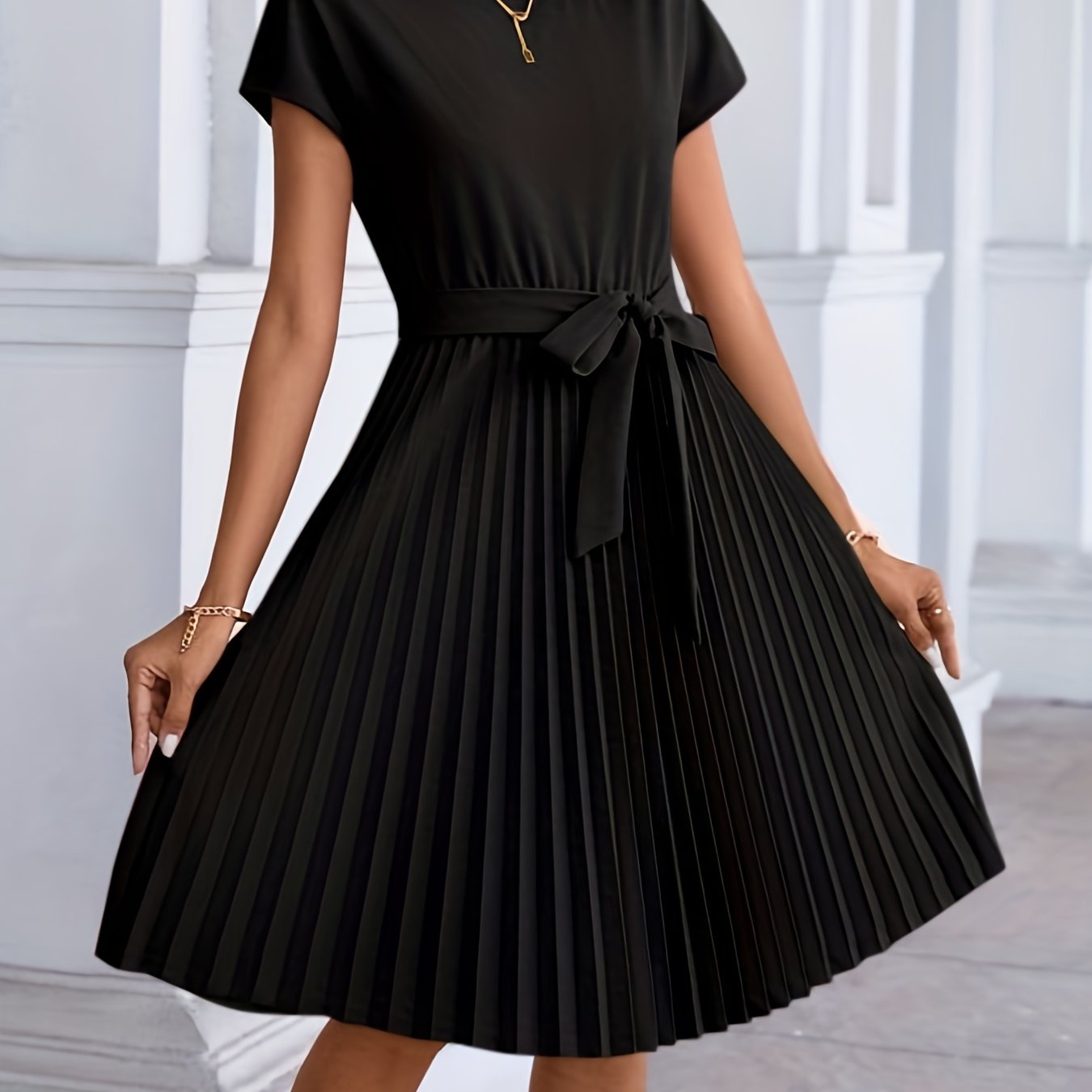 Pleated Tie Front Dress, Casual Short Sleeve Dress For Spring & Summer, Women's Clothing