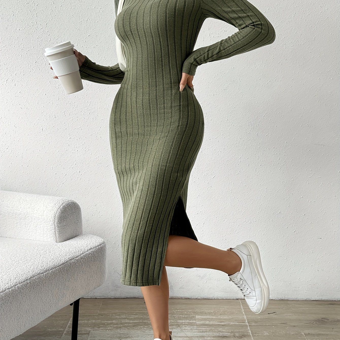 Sixsr Ribbed Solid Split Dress, Casual Crew Neck Long Sleeve Dress, Women's Clothing