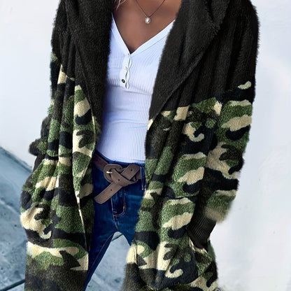 Sixsr Plus Size Casual Coat, Women's Plus Colorblock Camo Print Fleece Zip Up Long Sleeve Hooded Teddy Coat With Pockets