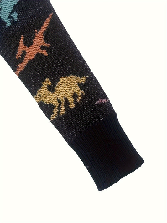 Sixsr Dinosaurs Print Crew Neck Pullover Sweater, Y2K Long Sleeve Color Block Knitted Sweater For Spring & Summer, Women's Clothing