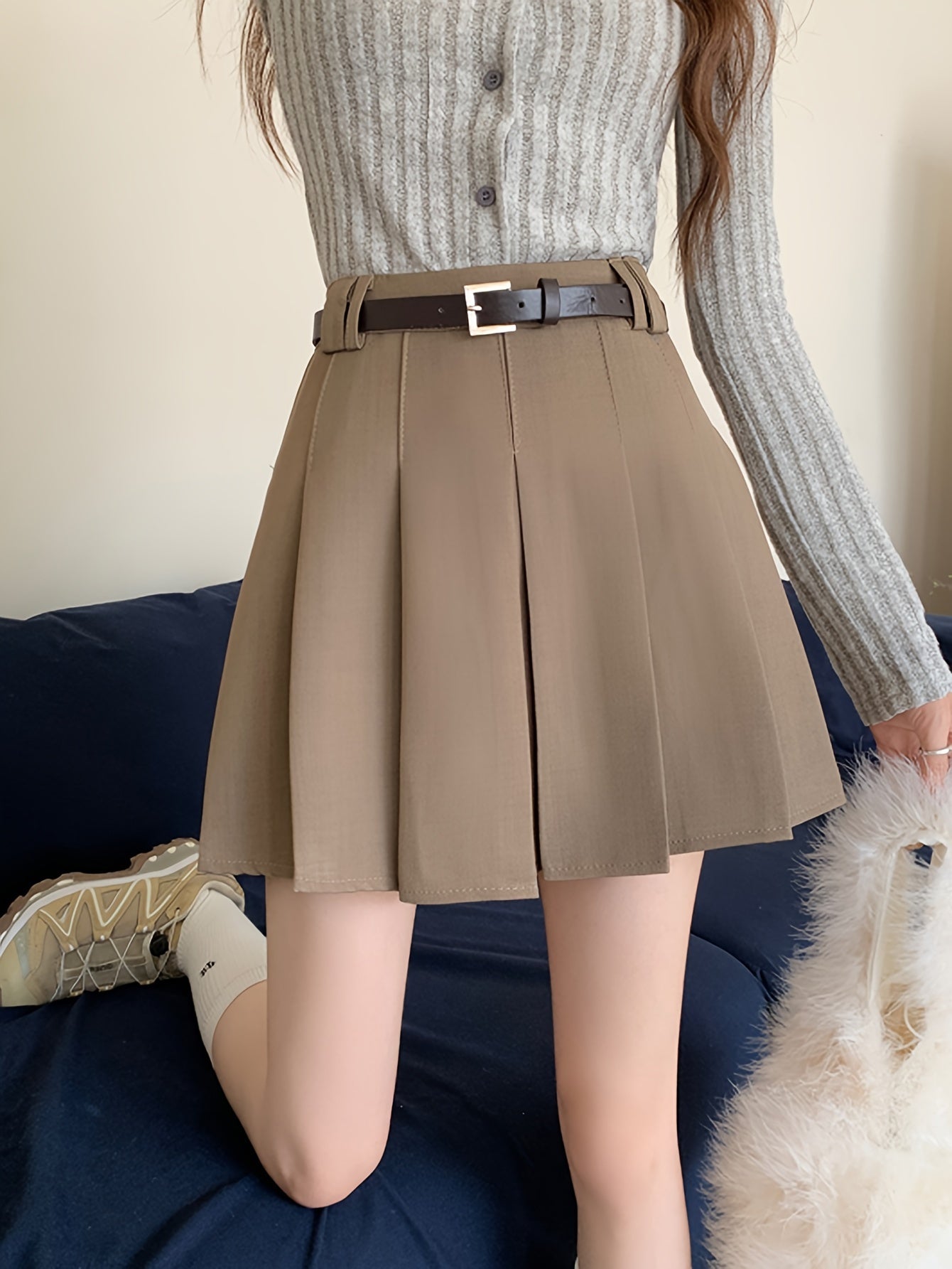 Sixsr Solid Pleated Aline Skirt, Preppy High Waist Skirt For Spring & Fall, Women's Clothing